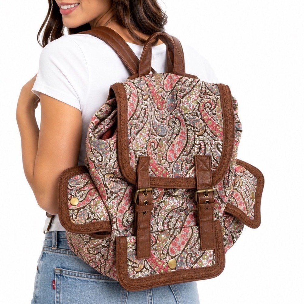 Olsenboye Vintage Y2K Floral Boho Pink Paisley Travel Backpack